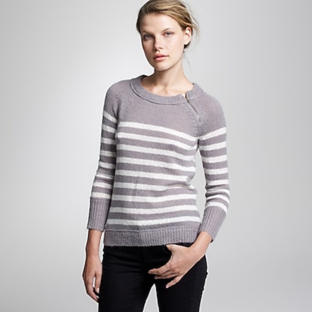 J. Crew Gray and White Striped Crewneck Sweater
